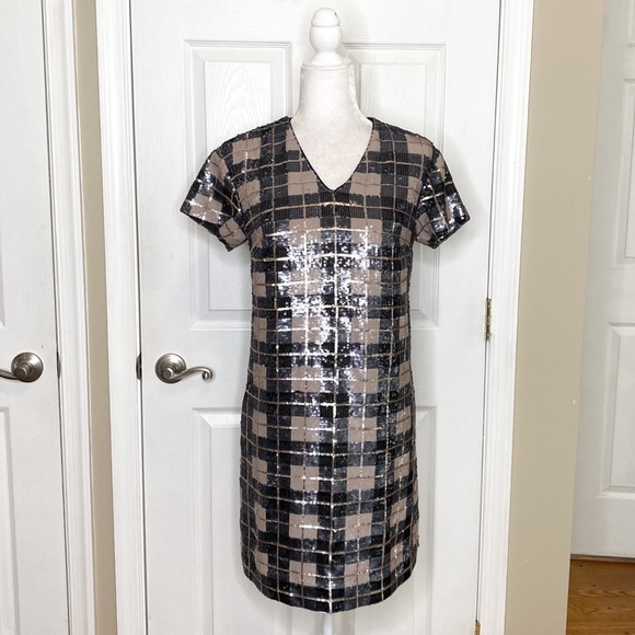 Sample Dresses & Skirts - Sample Designer Shift Dress Sequins Plaid Short Sleeve RARE